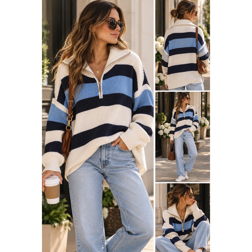 Aerie Womens Small Blue Cream Striped Quarter Zip Cotton Ribbed Knit Sweater